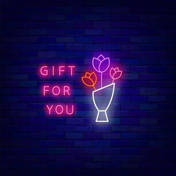 Hadiah Untukmu Neon Sign Buket Bunga Gaya Minimal Kartu Ucapan - Stok Vektor