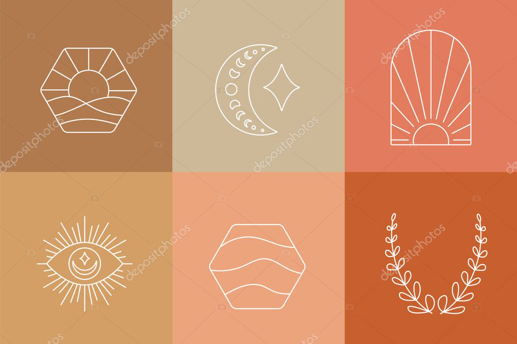 Bohemian outline logos collection. Simple emblem design. Boho signs. Mid century style. Elegant badge for company branding. Editable stroke. Vector stock illustration