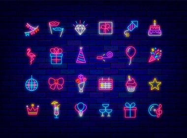 Doğum günü ve parti neon ikon koleksiyonu. Çelenk ve çiçekler. Disko topu ve müzik. Kek ve balon. Parlak efekt afişi. Tatil dekorasyonu. Parlak etiket paketi. Vektör stok illüstrasyonu