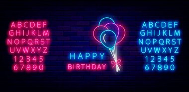 Mutlu yıllar balonlarla dolu neon mesajlar. Mesajla parlak bir işaret. Parlak mavi ve pembe alfabe. Işık efekti pankartı. Tuğla duvarda tatil tasarımı. Düzenlenebilir felç. Vektör stok illüstrasyonu