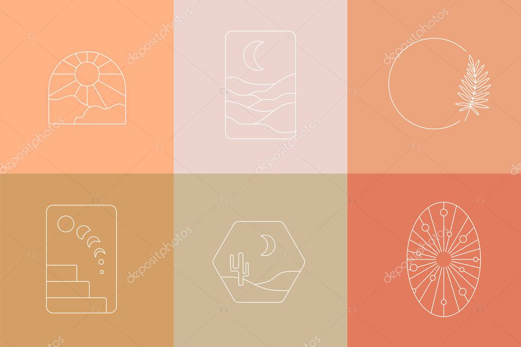 Bohemian outline logos collection. Sun, floral frame. Minimal emblem design. Boho signs. Elegant badge for company branding. Editable stroke. Vector stock illustration