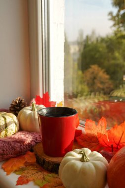 Sonbahar natürmortu, bir fincan sıcak çay, balkabağı, düşen yapraklar ve atkılar pencere eşiğinde.