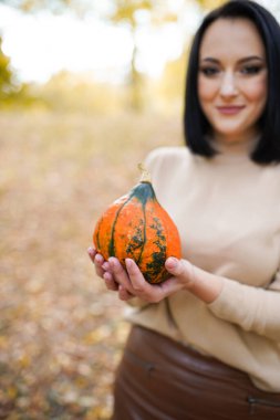 Balkabağı tutan bir kadın. Kapatın. Kopyalama alanı olan sonbahar arkaplanı