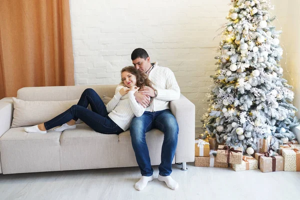 Beautiful Loving Couple White Cozy Warm Sweaters Home Living Room — Stock Photo, Image