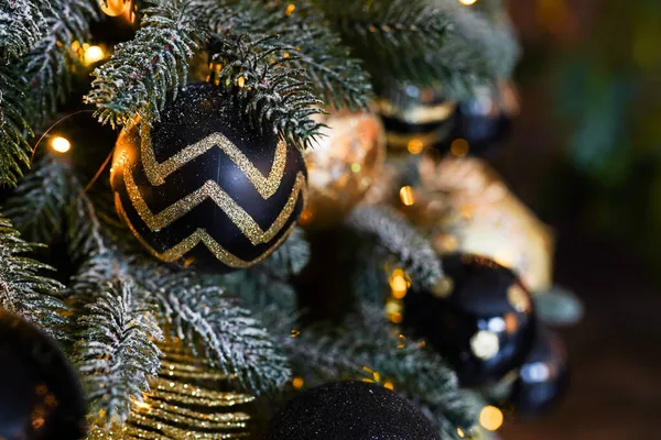 Weihnachten Oder Neujahr Dekoration Hintergrund Tannenbaum Zweig Mit Goldenen Und — Stockfoto