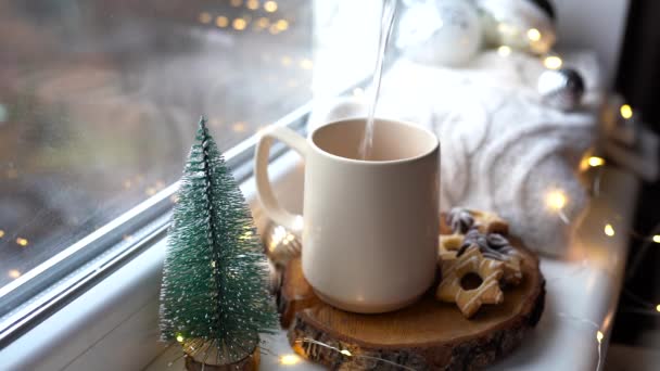 Ζεστό Φλιτζάνι Τσάι Ένα Παγωμένο Φόντο Ημέρα Του Χειμώνα Μπισκότα — Αρχείο Βίντεο