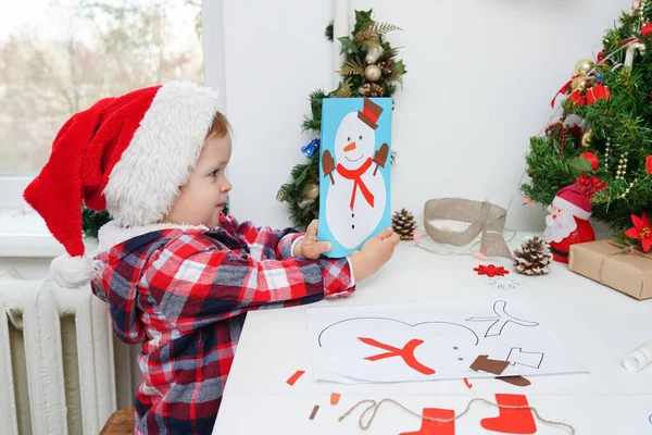 Child Girl Santa Hat Making Christmas Greeting Card Snowman — Stock Photo, Image