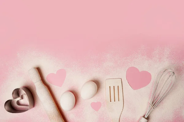 Valentine Day Baking Pink Background Hearts Flour Copy Space — Stock Photo, Image