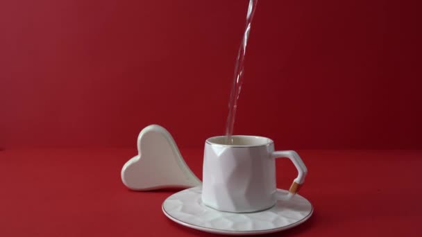 Cup Tea Coffee White Heart Red Background Valentine Day Celebration — Stock video