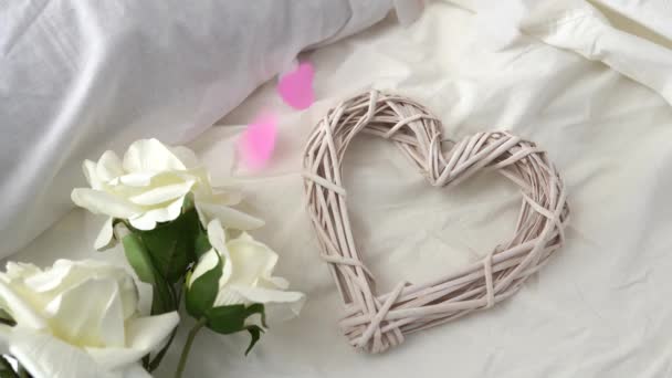 Hearts Flying Wedding Bed White Roses Heart — Stock Video