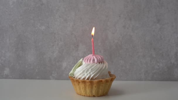 Birthday Cake Pink Candle Grey Background — Stock Video