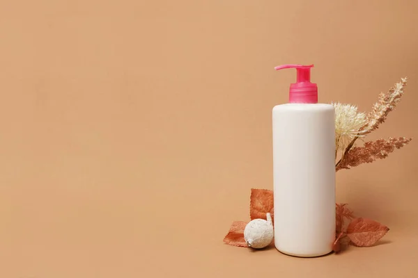 Beauty Cosmetic Bottle Brick Dry Autumn Leaf Creative Still Life — Stock Photo, Image
