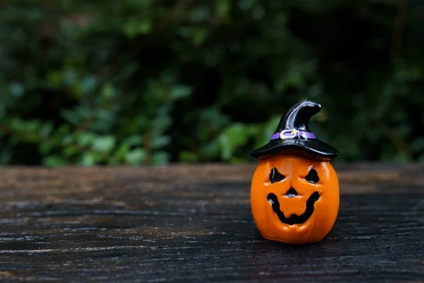 Halloween Kürbis Schwarzem Hut Bleibt Auf Dem Holz Auf Naturhintergrund — Stockfoto