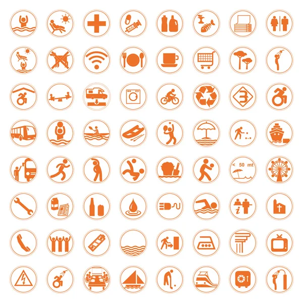 Ταξίδια και τουρισμός πορτοκαλί σημάδια και σύμβολα διανυσματικά εικονογράφηση — Διανυσματικό Αρχείο