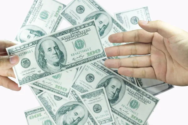 Hand with pack of one hundred dollars — Stock Photo, Image