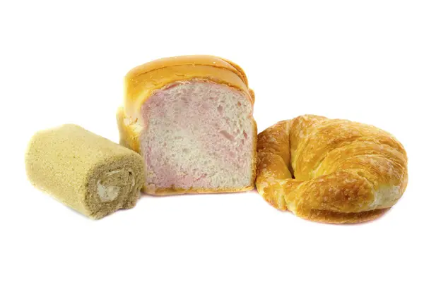 Krojonego chleba pszenicy i rogaliki ciasto roll na białym tle — Zdjęcie stockowe