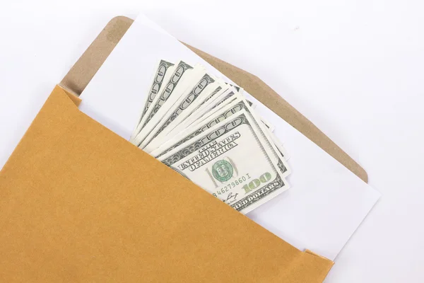 Brown Vintage and money Envelope with blank paper on white — Stock Photo, Image