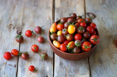Kasede ve tahta yüzeyde mini domatesler. Domates hasat et..