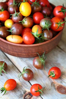 Kasede ve tahta yüzeyde mini domatesler. Domates hasat et..