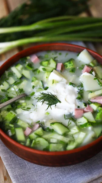 Холодний Суп Огірками Картоплею Сметаною Здорова Їжа — стокове фото