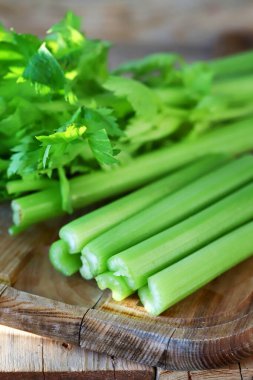 Yumuşak odaklanma. Kereviz tahta bir tahtaya yapışır. Taze kereviz yaprakları.