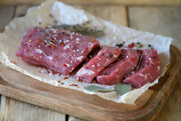 Fresh Raw Veal Wooden Board Chunks Veal — Fotografia de Stock