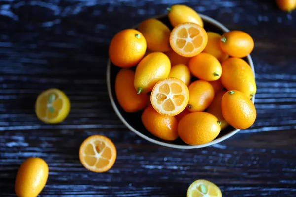 Macro Kumquat Uma Superfície Madeira Citrinos Exóticos — Fotografia de Stock