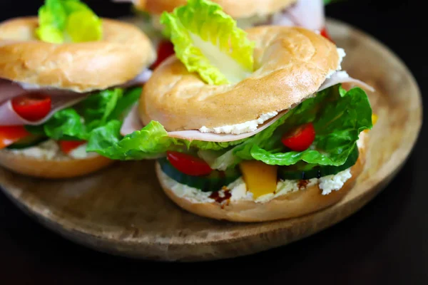 Bagel Sandwiches Dark Background Healthly Food Keto Snack — Zdjęcie stockowe