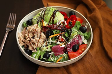 Healthy beautiful salad with tuna and avocado. Diet food. Keto salad.