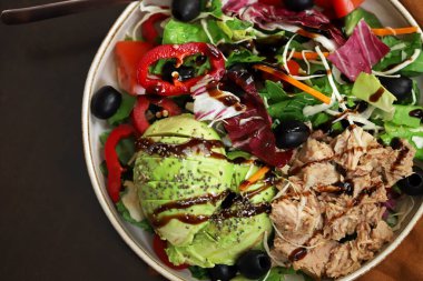 Healthy beautiful salad with tuna and avocado. Diet food. Keto salad.