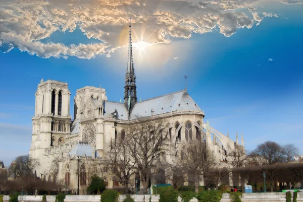 Overzicht van de kathedraal van notre dame van de bank van het riv — Stockfoto