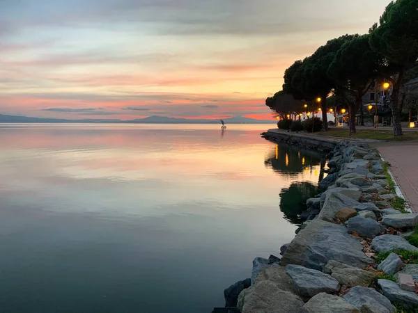 Hermosa Puesta Sol Lago Trasimeno Umbría Italia — Foto de Stock