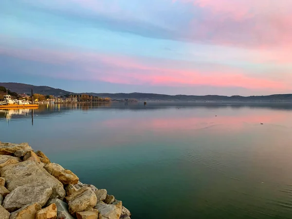 Hermosa Puesta Sol Lago Trasimeno Umbría Italia —  Fotos de Stock