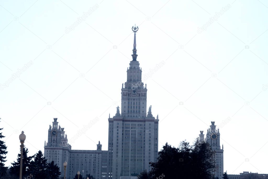 Moscow State University building in Russian capital front view in winter day.