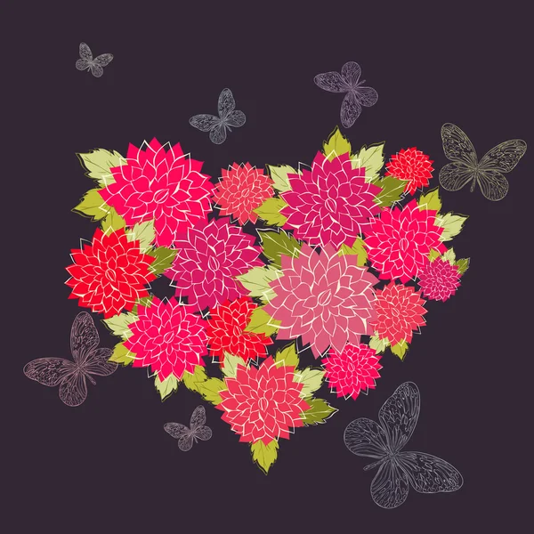 A flower Heart and butterflies — Stock Vector