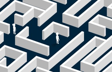 Labirentteki kız ve oğlanın silueti. Çocukların gelecekteki sorunları kavramı.