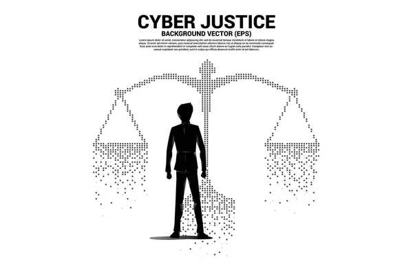 ピクセルから正義のスケールで立っているビジネスマンのシルエット 背景サイバー社会的判断の概念 — ストックベクタ