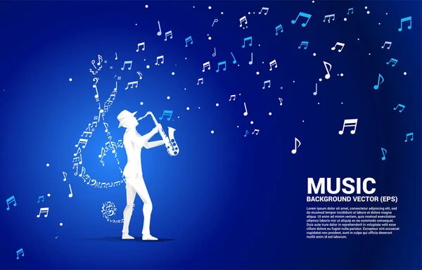 サクソフォニストのベクトルシルエットに音楽メロディーノートダンスフロー クラシック音楽コンサートとレクリエーションのコンセプトの背景 — ストックベクタ