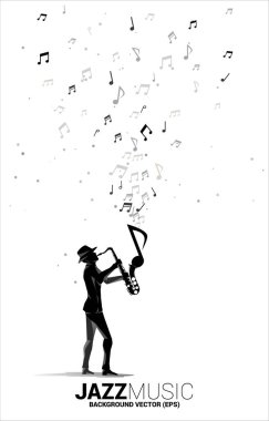 Müzik melodisi dans eden saksafoncunun silueti. Caz konseri ve eğlence için arka plan kavramını kabul et.