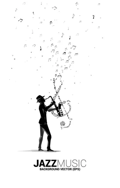 Vector Silhouet Van Saxofonist Met Muziek Melodie Noot Dansen Stroom — Stockvector