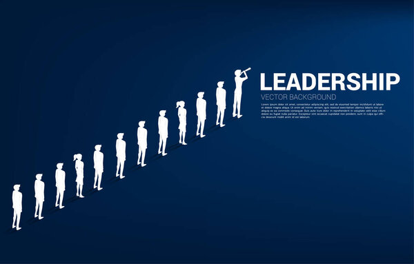 Силуэт бизнесмена смотрит через телескоп, стоящий перед линией. концепция лидерства в бизнесе и компании.