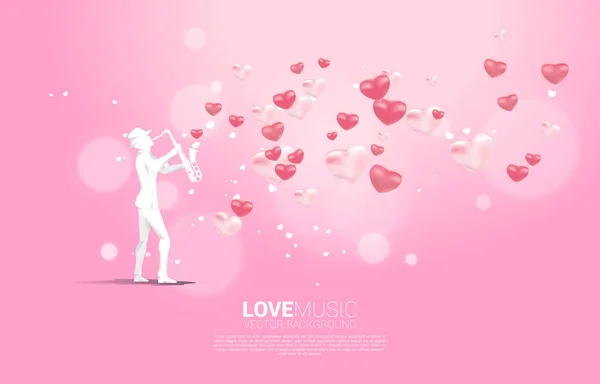 Vector Silhouette Saxophonist Standing Heart Balloon Flying Concept Background Love — Stock Vector