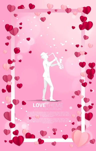 Vector Silhouette Saxophonist Standing Heart Flying Concept Background Love Song — Stock Vector