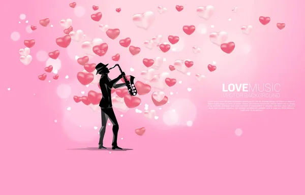 Vector Silhouette Saxophonist Standing Heart Balloon Flying Concept Background Love — Stock Vector