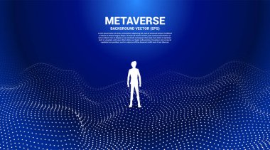 İş adamı duruşu ve Digital Contour eğrisinin vektör silueti, nokta çizgi ve telle el sallıyor. Metaevren ve VR teknolojisi kavramı .