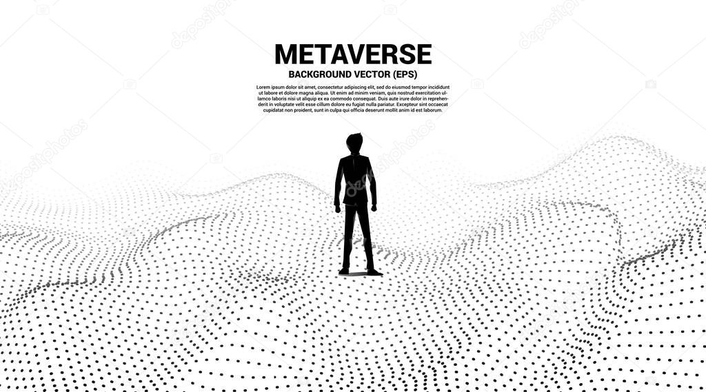 Vector Silhouette of businessman stand and Digital Contour curve dot and line and wave with wireframe . Concept for metaverse and VR technology .