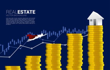 Grafik para yığınının üst sütununda eve uçan iş adamı silueti. Emlak sektöründe artış ve büyüme kavramı.