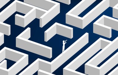 Teleskopla bakan bir işadamı silueti labirente giriyor. Çözüm ve hedefe ulaşmak için iş kavramı