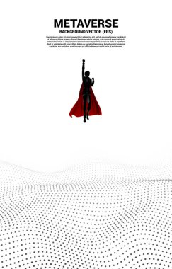 Digital Contour eğrisinden uçan iş adamının vektör silueti nokta çizgi ve telle el sallıyor. Metaevren ve VR teknolojisi kavramı .