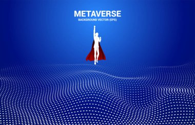 Digital Contour eğrisinden uçan iş adamının vektör silueti nokta çizgi ve telle el sallıyor. Metaevren ve VR teknolojisi kavramı .